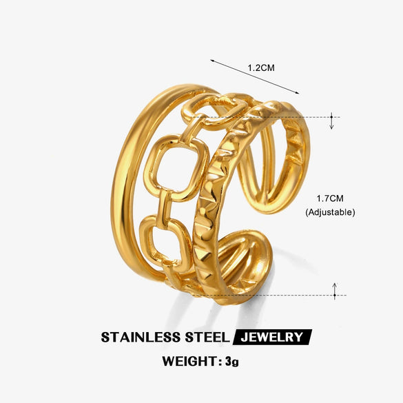 Ladies Stainless Steel Geometric Open Ring With Real Gold Plating Hip Hop Style