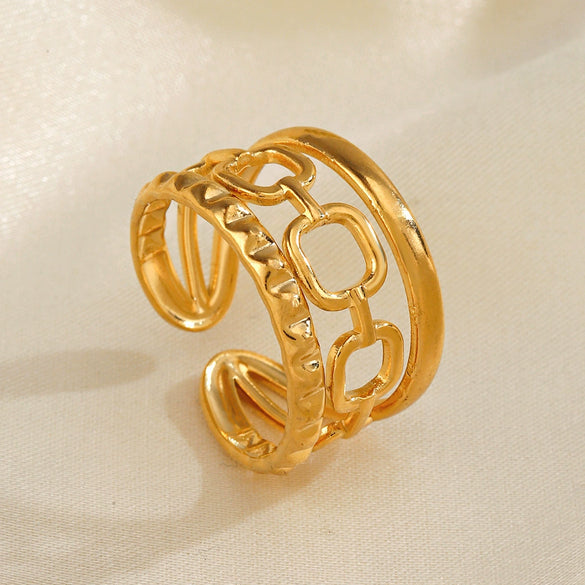 Ladies Stainless Steel Geometric Open Ring With Real Gold Plating Hip Hop Style