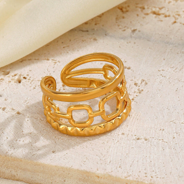 Ladies Stainless Steel Geometric Open Ring With Real Gold Plating Hip Hop Style