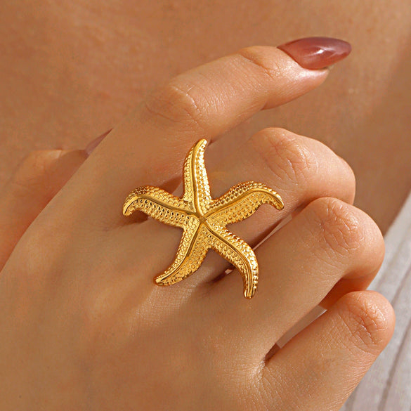 Ladies Stainless Steel Geometric Starfish Open Ring Electroplated Hiphop Style