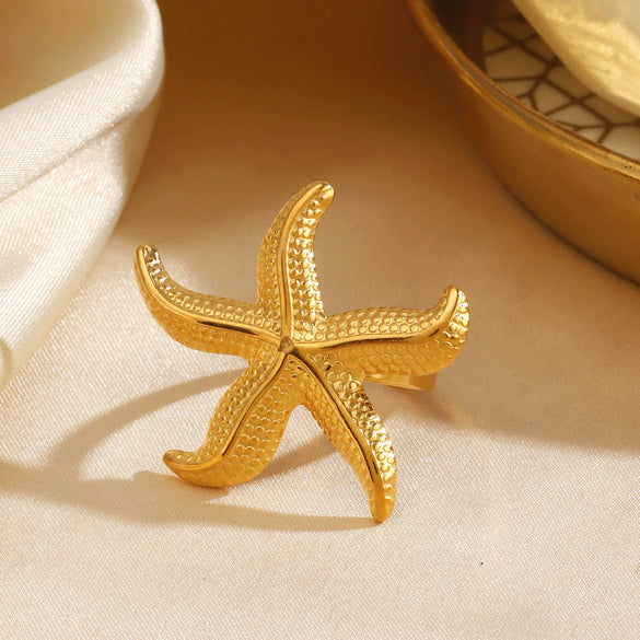 Ladies Stainless Steel Geometric Starfish Open Ring Electroplated Hiphop Style
