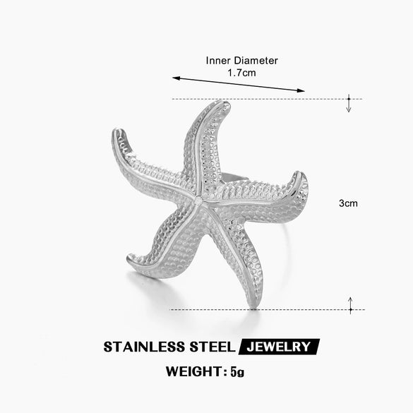 Ladies Stainless Steel Geometric Starfish Open Ring Electroplated Hiphop Style