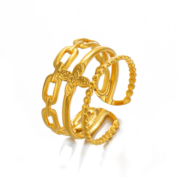 Ladies Stainless Steel Geometric Style 18K Gold Plated Opening Adjustable Three Layer Ring