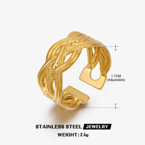 Ladies Stainless Steel Geometric Style Opening Adjustable Ring With Electroplating And 18K Gold Plated