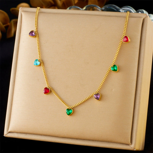 Ladies Stainless Steel Gold Plated Heart Shape Rhinestone Love Pendant Clavicle Chain Necklace Fashion Style
