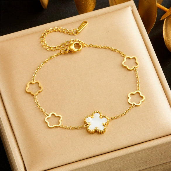 Ladies Stainless Steel Goldplated Bracelet With Flower Hollow Design And Korean Fashion Style