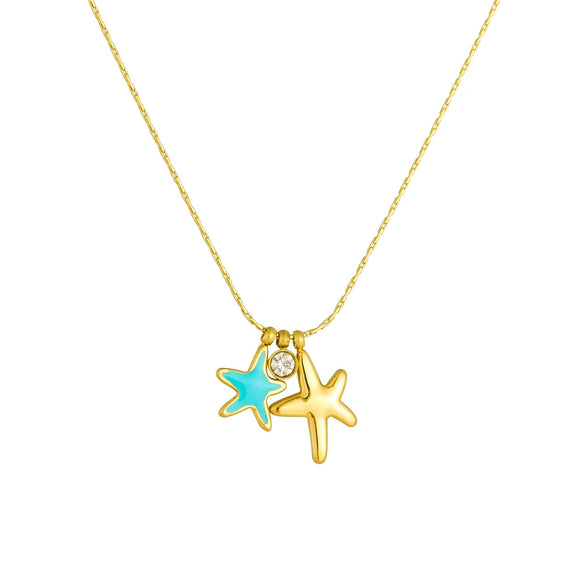 Ladies Stainless Steel Goldplated Necklace With Fashion Simple Fresh Oil Dripping Blue Starfish Pendant And Snake Bone Chain