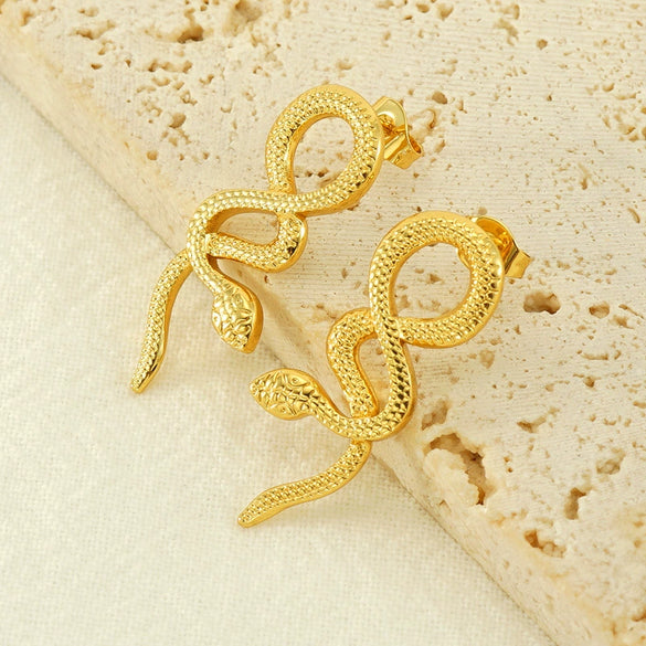 Ladies 316L Stainless Steel 18K Gold Plated Snake Earrings Animal Style