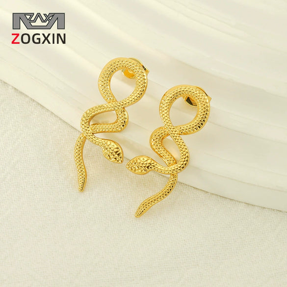 Ladies 316L Stainless Steel 18K Gold Plated Snake Earrings Animal Style