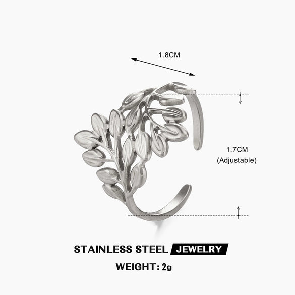 Ladies Stainless Steel Leaf Ring With Electroplating Plants And Flowers Style Hip Hop Retro