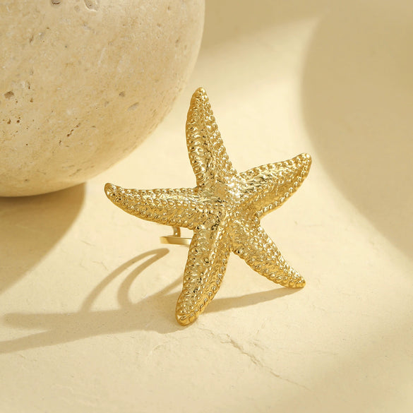 Ladies Stainless Steel Open Metal Starfish Ring Electroplated Light Luxury Style