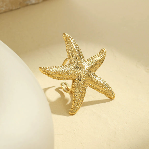 Ladies Stainless Steel Open Metal Starfish Ring Electroplated Light Luxury Style