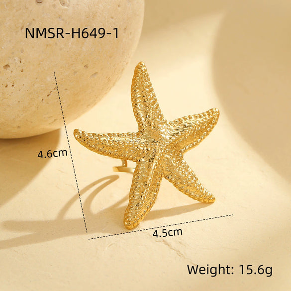 Ladies Stainless Steel Open Metal Starfish Ring Electroplated Light Luxury Style