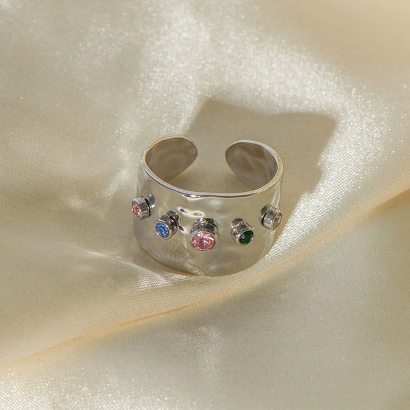 Ladies Stainless Steel Open Personality Ring With Color Zircon Electroplated In Geometric Style