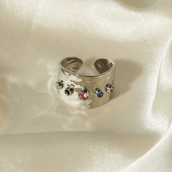 Ladies Stainless Steel Open Personality Ring With Color Zircon Electroplated In Geometric Style