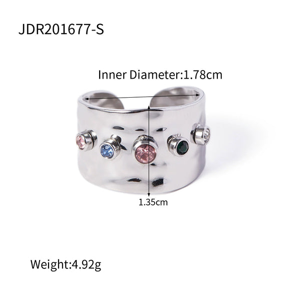 Ladies Stainless Steel Open Personality Ring With Color Zircon Electroplated In Geometric Style
