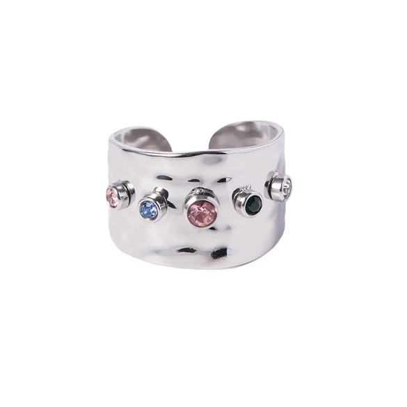Ladies Stainless Steel Open Personality Ring With Color Zircon Electroplated In Geometric Style