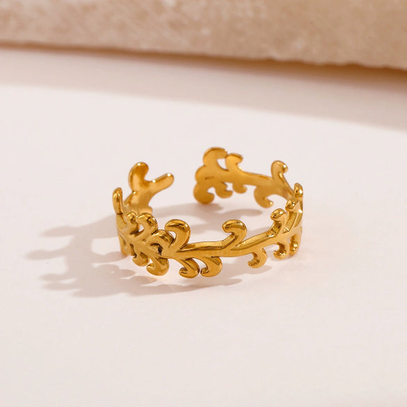 Ladies Stainless Steel Open Ring With Rattan Design And Leaf Pattern 18K Gold Plated