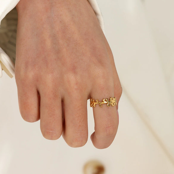 Ladies Stainless Steel Open Ring With Rattan Design And Leaf Pattern 18K Gold Plated