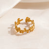 Ladies Stainless Steel Open Ring With Rattan Design And Leaf Pattern 18K Gold Plated