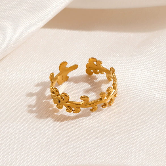 Ladies Stainless Steel Open Ring With Rattan Design And Leaf Pattern 18K Gold Plated