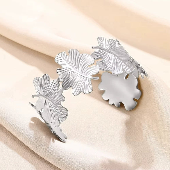 Ladies Stainless Steel Open Wide Edition Hollow Geometric Flower Leaf Exaggerated Style Electroplated Bracelet