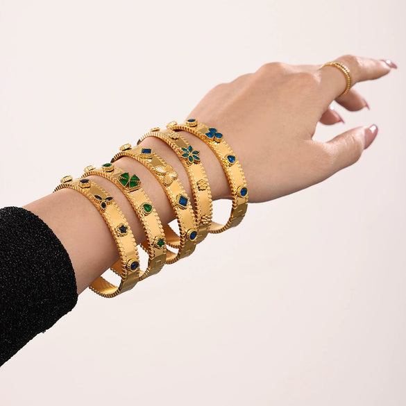 Ladies 316L Stainless Steel Zircon Czech Glass Four Leaf Flower Buckle Gear Bracelet Light Luxury Style 18K Gold Plated