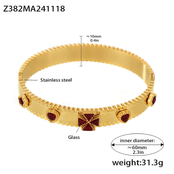 Ladies 316L Stainless Steel Zircon Czech Glass Four Leaf Flower Buckle Gear Bracelet Light Luxury Style 18K Gold Plated