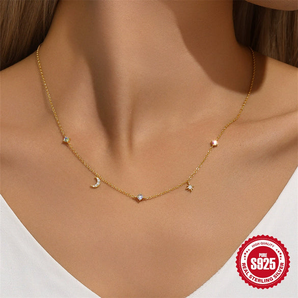 Ladies 925 Sterling Silver Classic Geometric Star Moon Stacked Necklace With Colored Diamond Electroplated Design