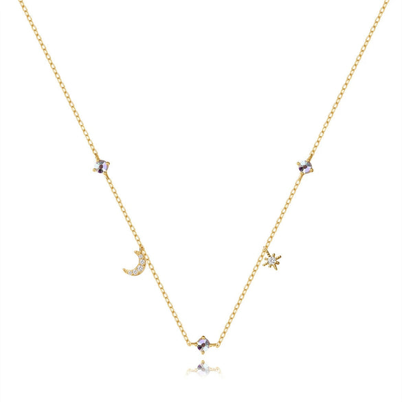 Ladies 925 Sterling Silver Classic Geometric Star Moon Stacked Necklace With Colored Diamond Electroplated Design
