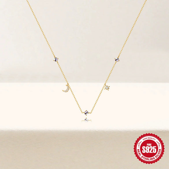 Ladies 925 Sterling Silver Classic Geometric Star Moon Stacked Necklace With Colored Diamond Electroplated Design