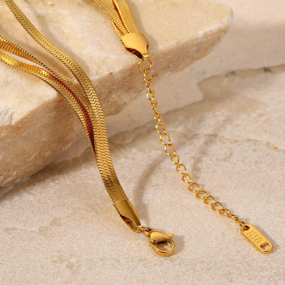Ladies Three Layer Exquisite Flat Snake Chain Stainless Steel Bone Chain Bracelet 18K Gold Plated Geometric Style Wrist Jewelry