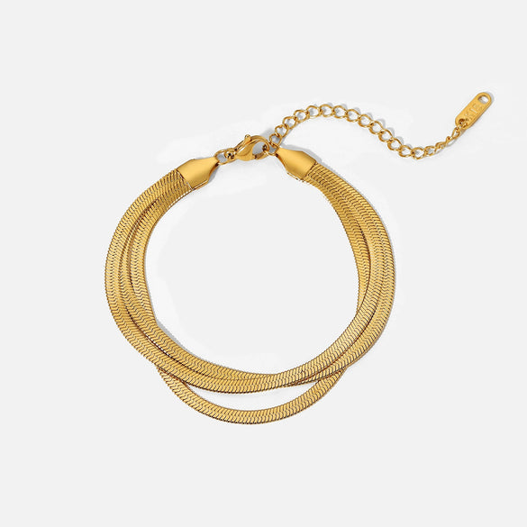 Ladies Three Layer Exquisite Flat Snake Chain Stainless Steel Bone Chain Bracelet 18K Gold Plated Geometric Style Wrist Jewelry
