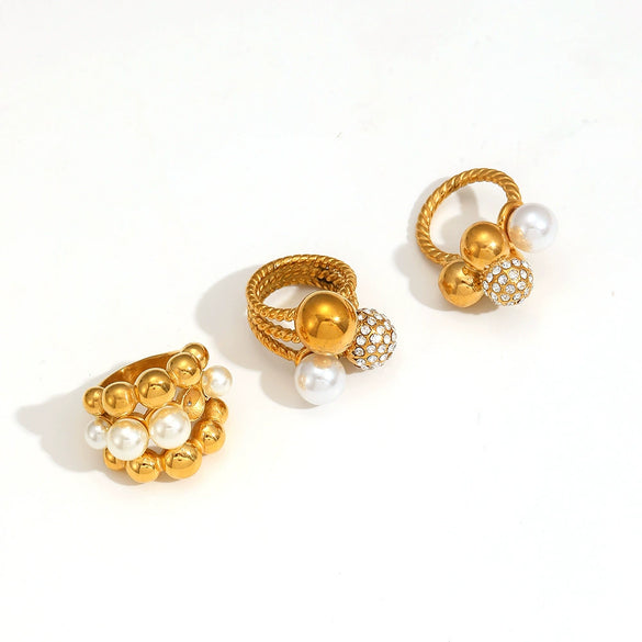 Ladies Titanium Steel And Stainless Steel Ball Ring Set With Imitation Pearls And Diamonds In Geometric Style