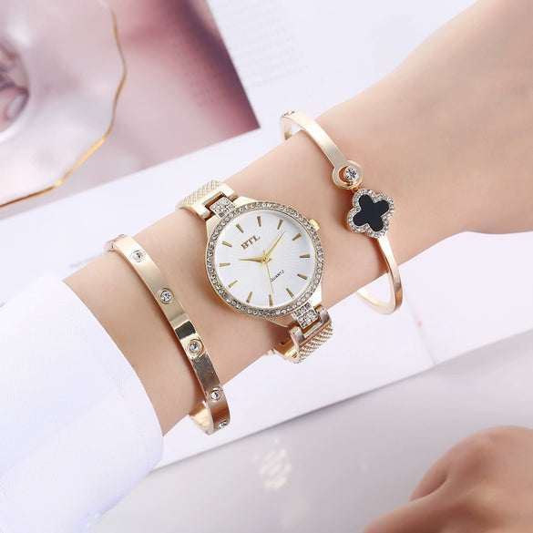 Ladies Titanium Steel And Stainless Steel Round Dial Quartz Watch Bracelet Set Fashion Casual Style