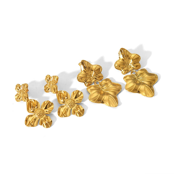 Ladies Titanium Steel Electroplated Flower Leaves Earrings