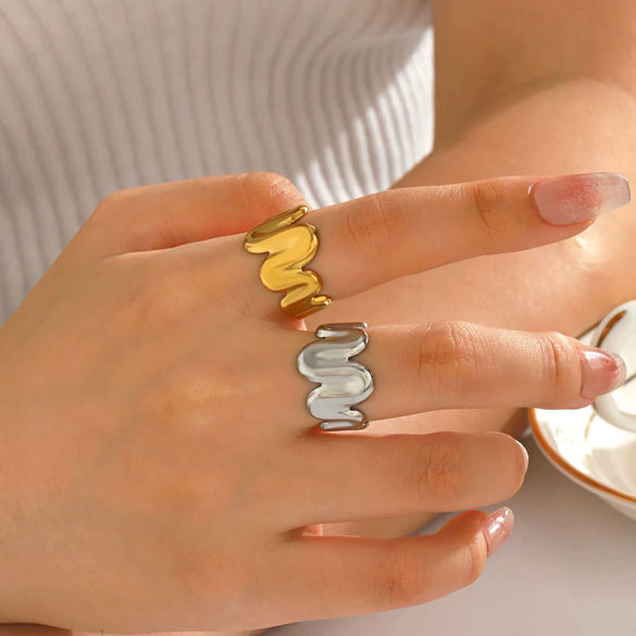 Ladies Titanium Steel Geometric Wave Open Ring 18K Gold Plated