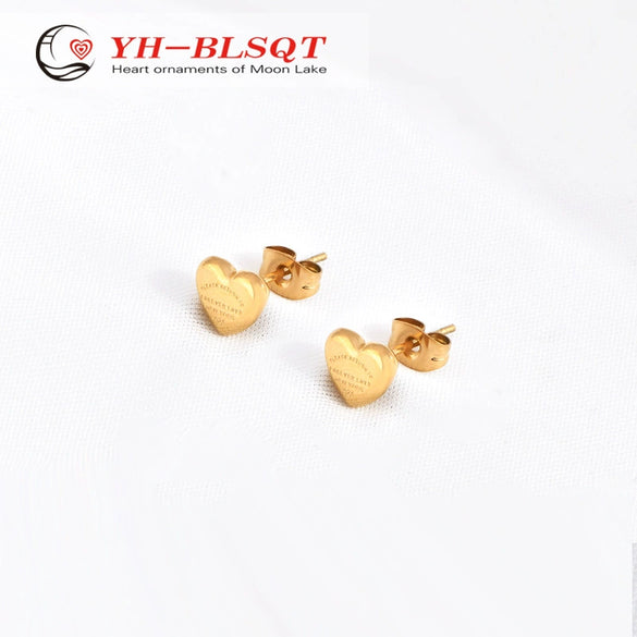 Ladies Titanium Steel Heartshaped Earrings With Logo Electroplating And Letters Numbers Text Design