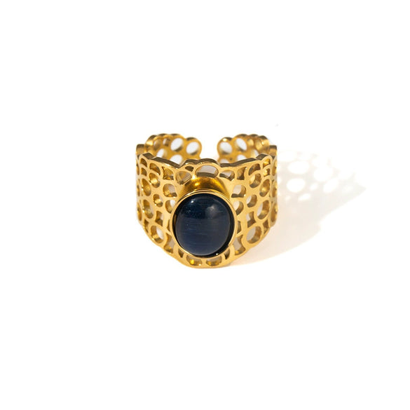 Ladies Titanium Steel Hollow Wide Face Retro Geometric Opening Ring Inlaid With Oval Natural Stone Electroplated