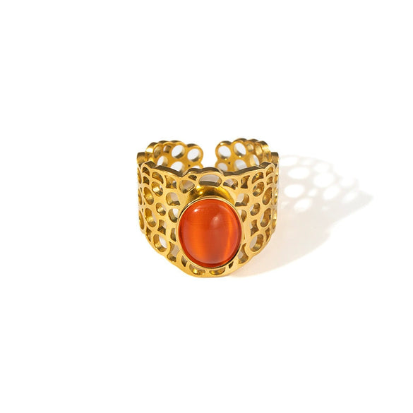 Ladies Titanium Steel Hollow Wide Face Retro Geometric Opening Ring Inlaid With Oval Natural Stone Electroplated
