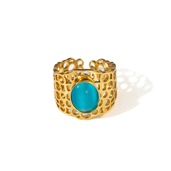 Ladies Titanium Steel Hollow Wide Face Retro Geometric Opening Ring Inlaid With Oval Natural Stone Electroplated