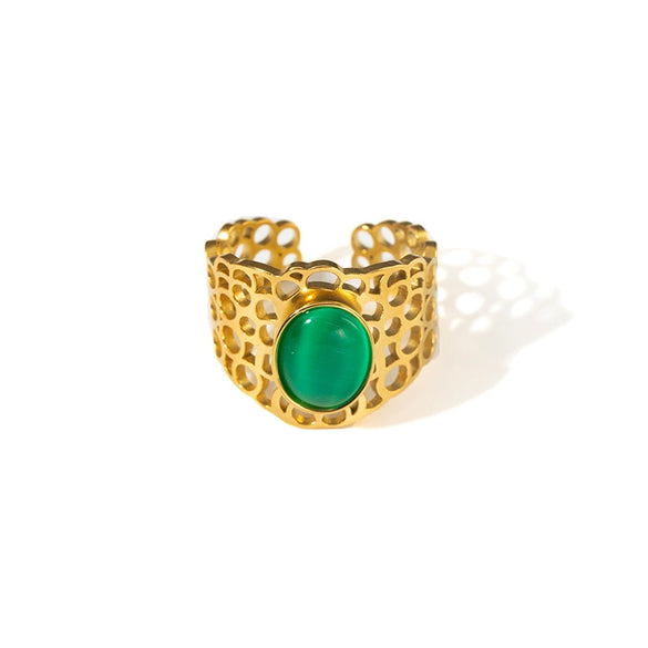 Ladies Titanium Steel Hollow Wide Face Retro Geometric Opening Ring Inlaid With Oval Natural Stone Electroplated