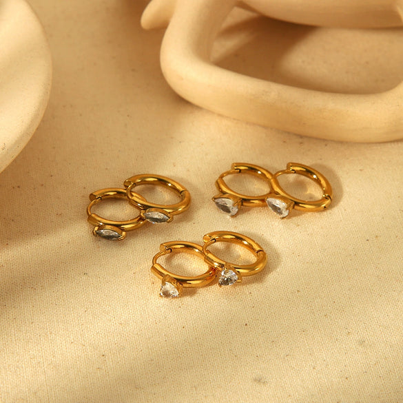 Ladies Titanium Steel Inlaid Zircon Earrings With Heart Drop Shape Geometric Light Luxury Style