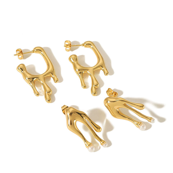 Ladies Titanium Steel 18K Gold Electroplated Geometric Lava Water Droplets Pearl Earrings