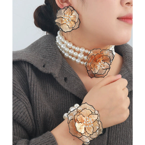 Ladies Vintage Jewelry Alloy Imitation Pearls Flower Ball Chain Electroplated Necklace Bracelet Earrings