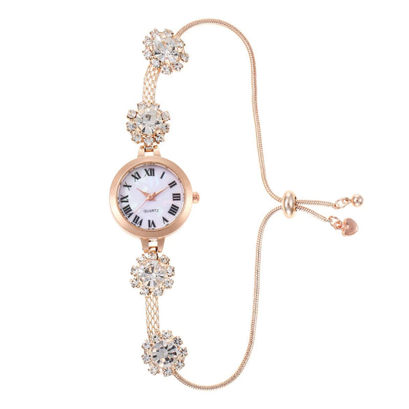 Ladies Watch Alloy Round Dial Fashion Simple Roman Numerals Pullout Bracelet