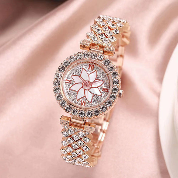 Ladies Watch Bracelet Alloy Stainless Steel Round Rhinestone Flower Baby's Breath Style