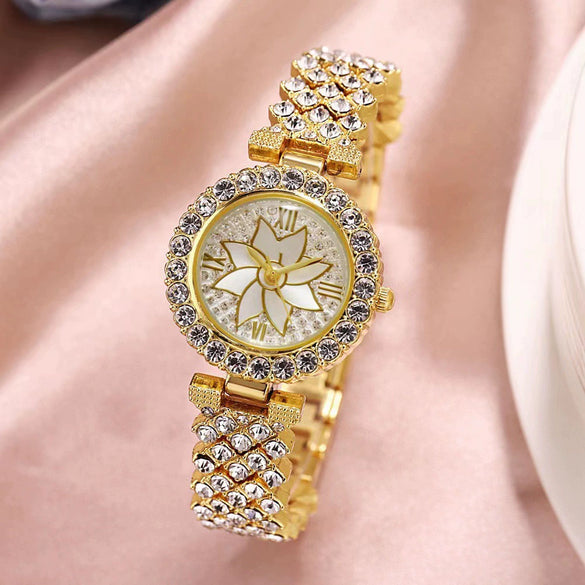 Ladies Watch Bracelet Alloy Stainless Steel Round Rhinestone Flower Baby's Breath Style