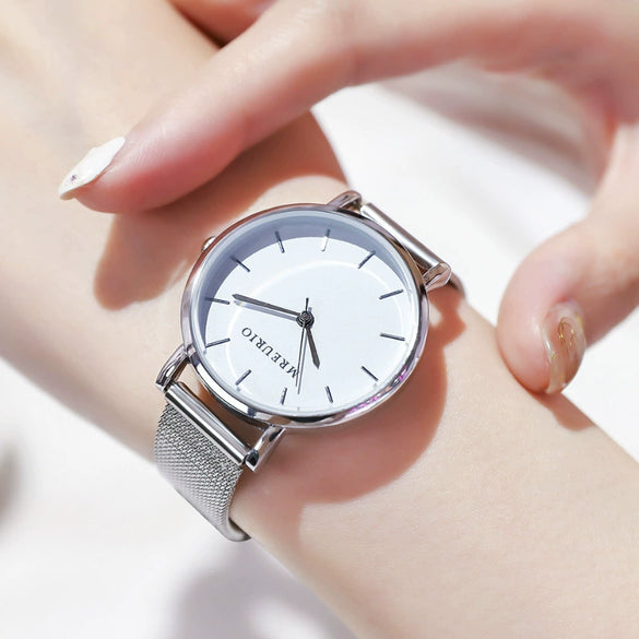 Ladies Watch Stainless Steel Mesh Belt Metal Dial Fashion Style