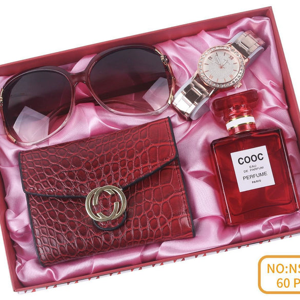 Ladies Watch Sunglasses Wallet Key Chain Set In Pu Material With Modern Simplicity Style